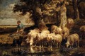A Shepherdess With Her Flock animalier Charles Emile Jacque